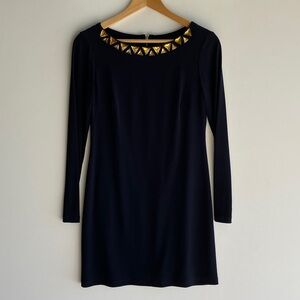 Elegant Navy Blue Dress with Gold Accents